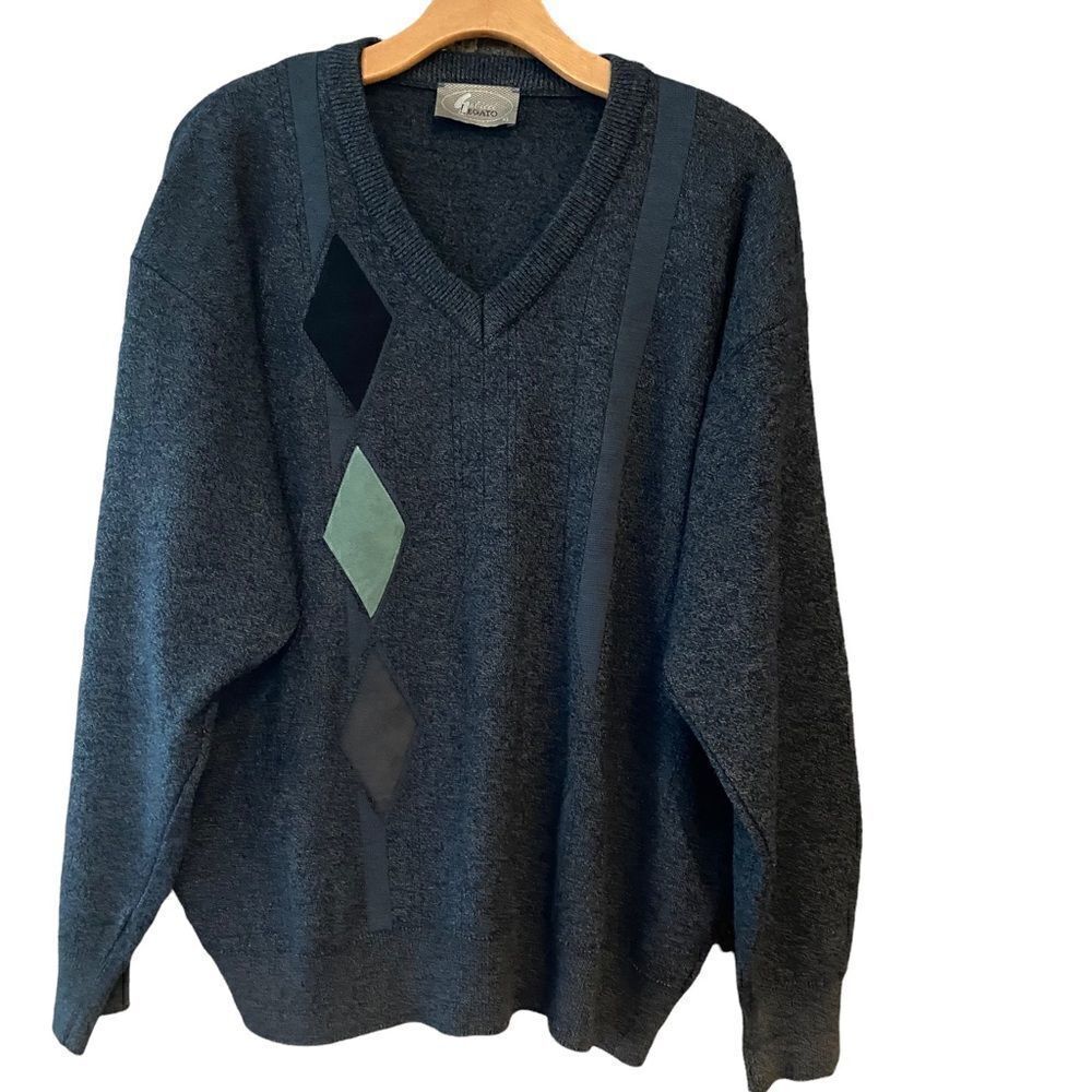 Gabicci Legato Men’s Sz XL Gray Wool Side Suede Diamond Pattern V-Neck Sweater